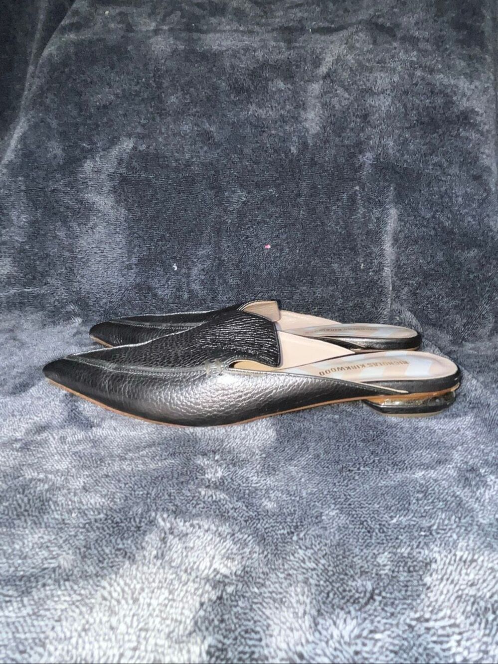Nicholas Kirkwood Beya Mules Size 40 Metallic Gunmetal Leather Pointed Toe Flat